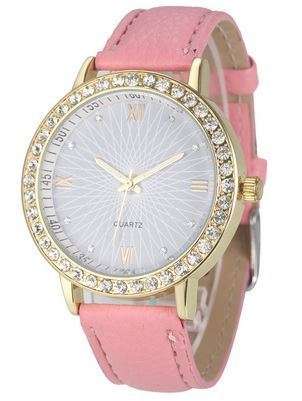 Luxury Rhinestone Watch with Pink PU-Leather strap