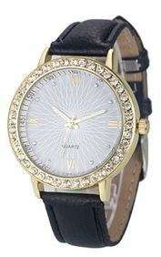 Luxury Rhinestone Watch with Black PU-Leather strap