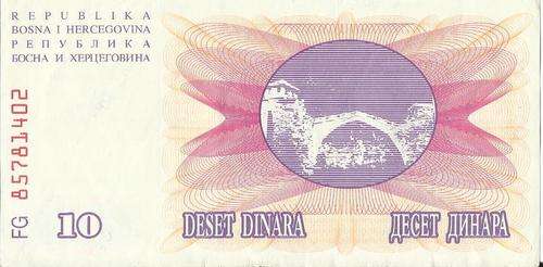BOSNIA & HERZOGOVINIA - 10 DINARA 1992 - UNC