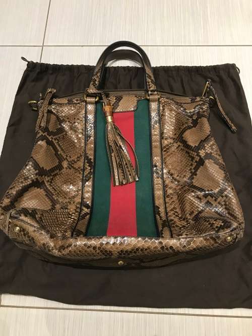 GUCCI Rania Striped Top-handle Python/Green/Red Python/Canvas Shoulder Bag - 100% Authentic