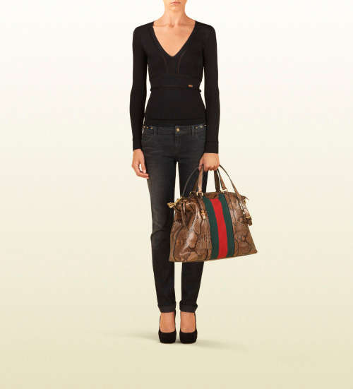 GUCCI Rania Striped Top-handle Python/Green/Red Python/Canvas Shoulder Bag - 100% Authentic