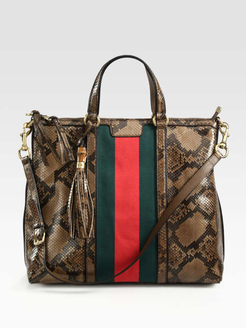 GUCCI Rania Striped Top-handle Python/Green/Red Python/Canvas Shoulder Bag - 100% Authentic