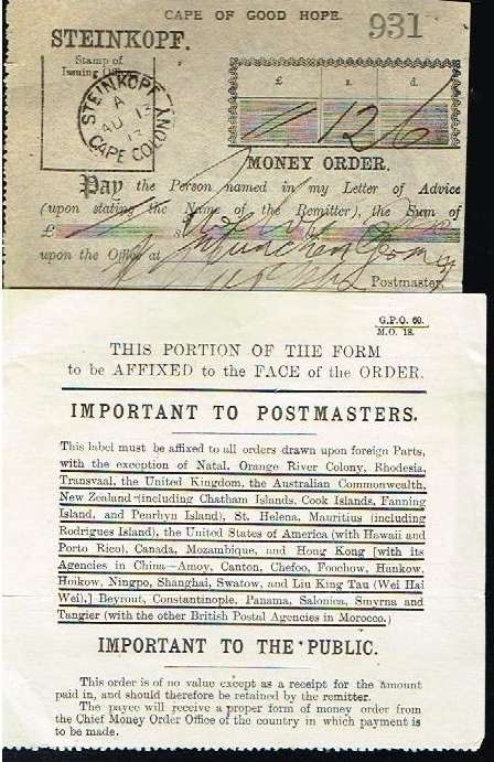 Cape of Good Hope money order Steinkopf - Munchen Germany 1913.