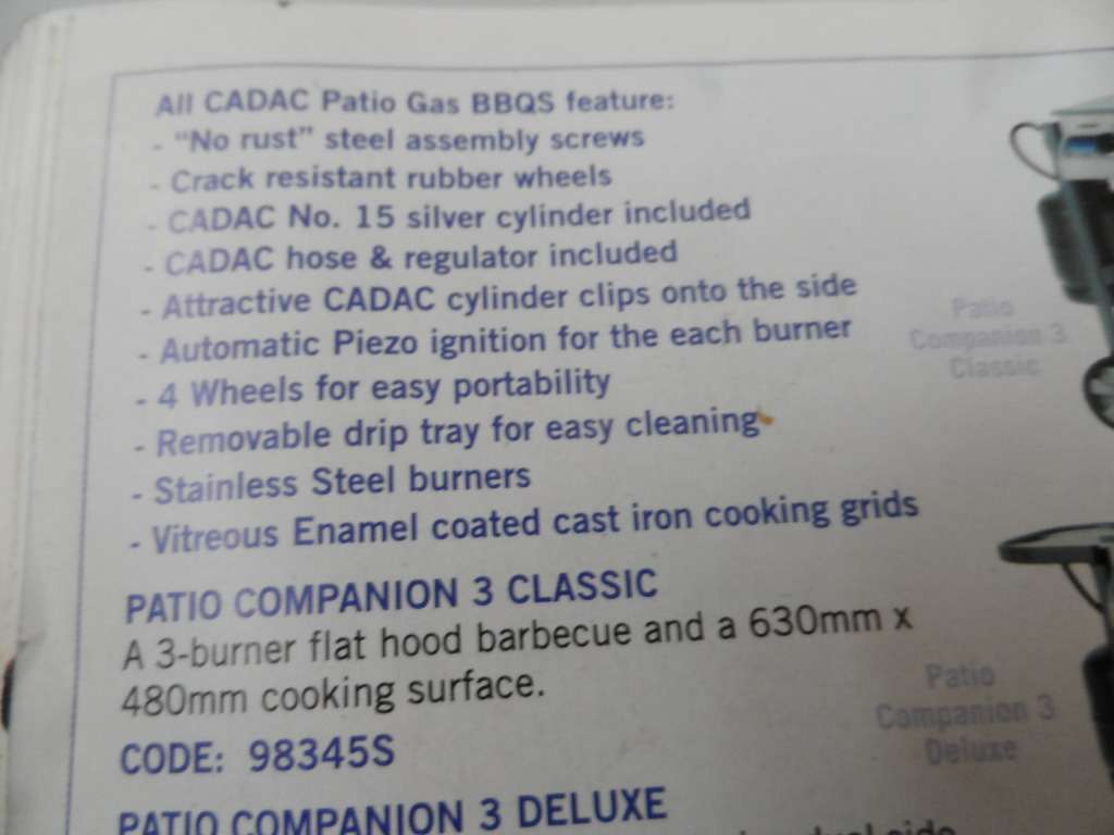 CADAC PATIO COMPANION 3 DELUXE BARBEQUE WITH GAS TANK , REGULATOR & HOSE  CODE 98346S,