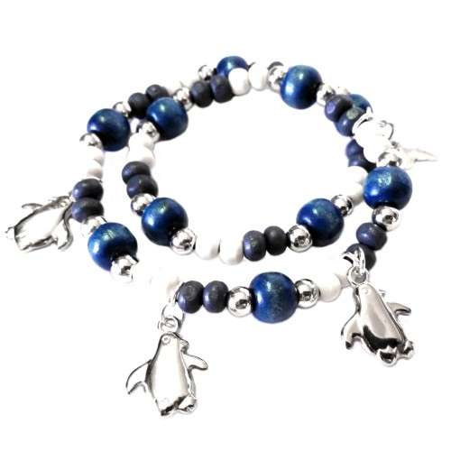 Wooden Bangle - Bracelet double wrapped "NEW" with Penguins for Woman