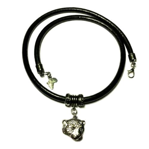 Leather Necklace "NEW" with Leopard - 50cm long - Men size