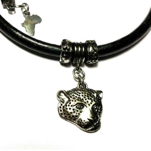 Leather Necklace "NEW" with Leopard - 50cm long - Men size