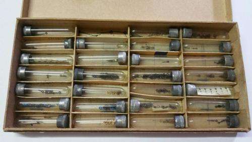 antique Watch parts / spares / Box with different small hands /Watchmaker Treasures 27 tubes