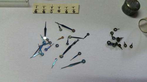 antique Watch parts / spares / Box with different small hands /Watchmaker Treasures 27 tubes
