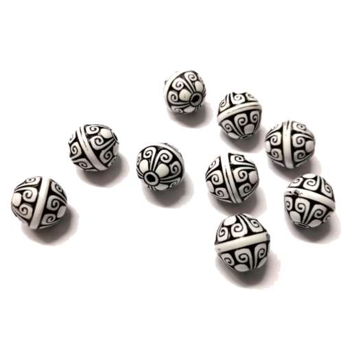 Beads / Acrylic Beads Ceramic Optic- 11.5mm -  10 pcs - black-white / Beads for crafting