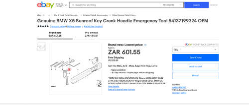 BMW Genuine Sunroof Key Crank Handle Emergency Tool