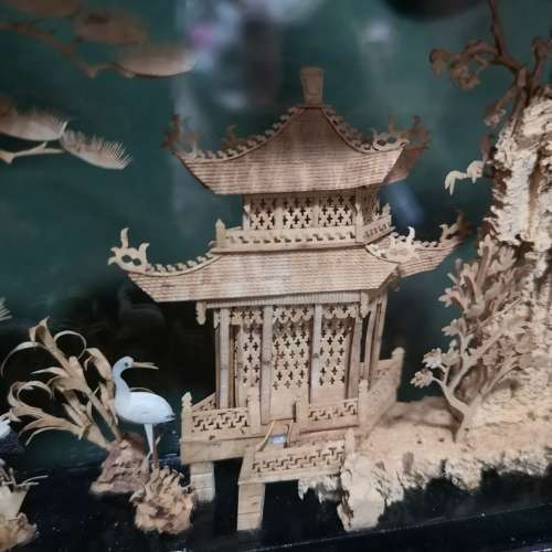 Vintage Intricate Carved Cork Art, Chinese