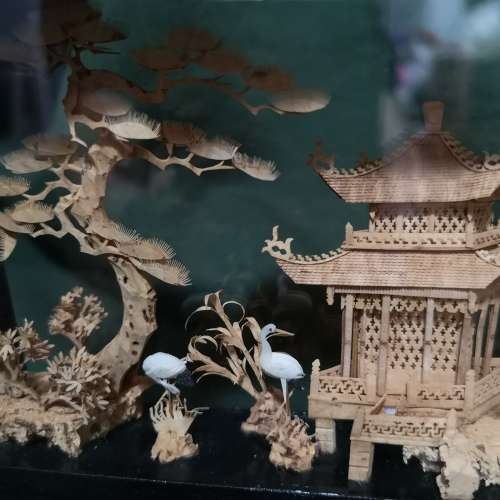 Vintage Intricate Carved Cork Art, Chinese