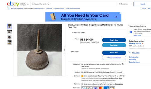 Antique Singer Sewing Machine Oil Tin Thumb Oiler Can