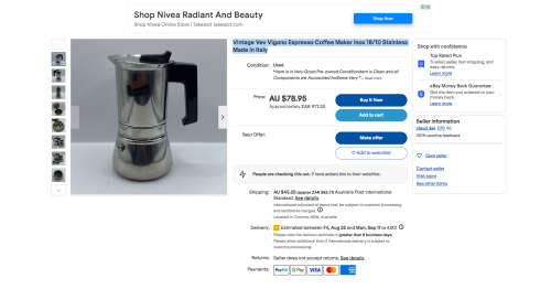 Vev Vigano Espresso Coffee Maker Inox 18/10 Stainless Made in Italy