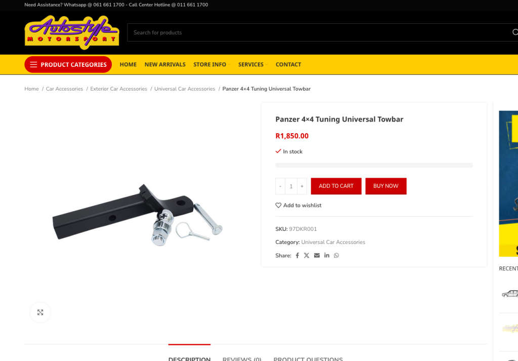 Removable Tow bar with ball and detachable Receiver 50mm Square. 5t rated