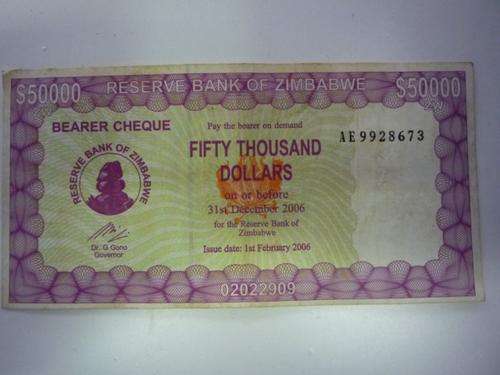 ZIMBABWE FIFTY THOUSAND DOLLAR ( $ 50 000 ) BEARER CHEQUE - FREE POSTAGE