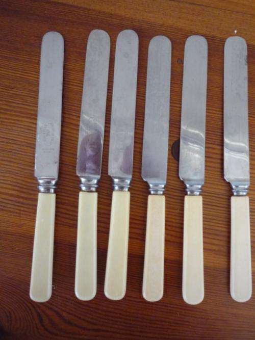 6 X OLD BONE HANDLE KNIVES  ( 3 X  L.HARRISON CUTLERY & 3 X ATKINSON BROS, SHEFFIELD,ENGLAND