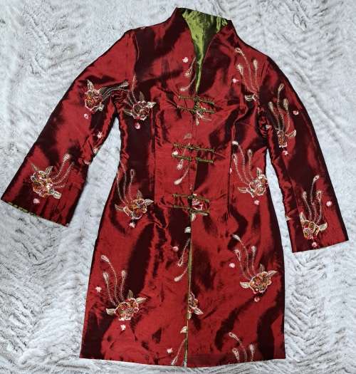 Reversible Jacket -  Mandarin Style - Burgundy with Flower sequence and Plain Green S/M (Used)