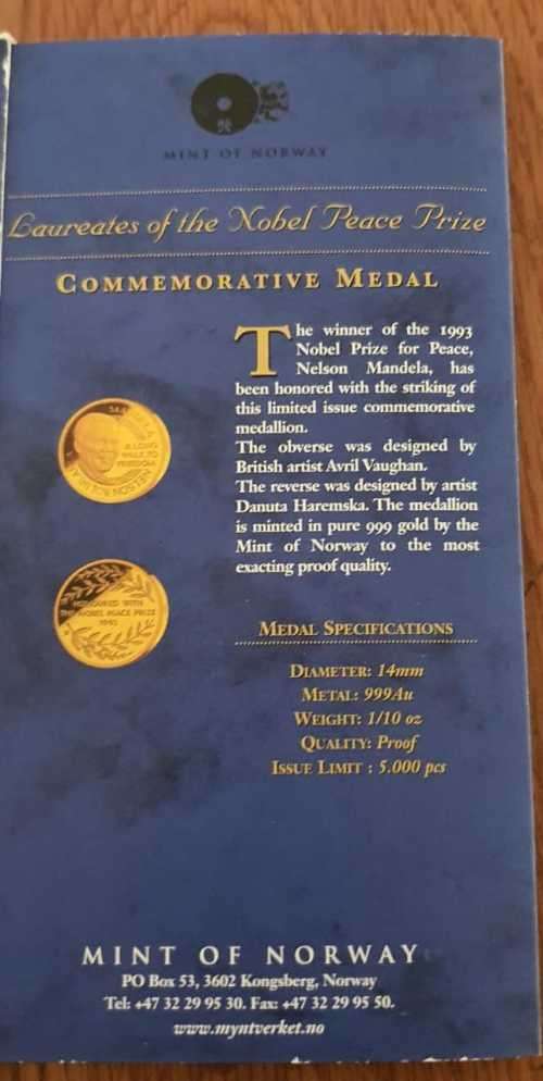 Nelson Mandela NOBEL PEACE LAUREATE 1993 COMMEMORATIVE MEDAL on Auction Now!!!