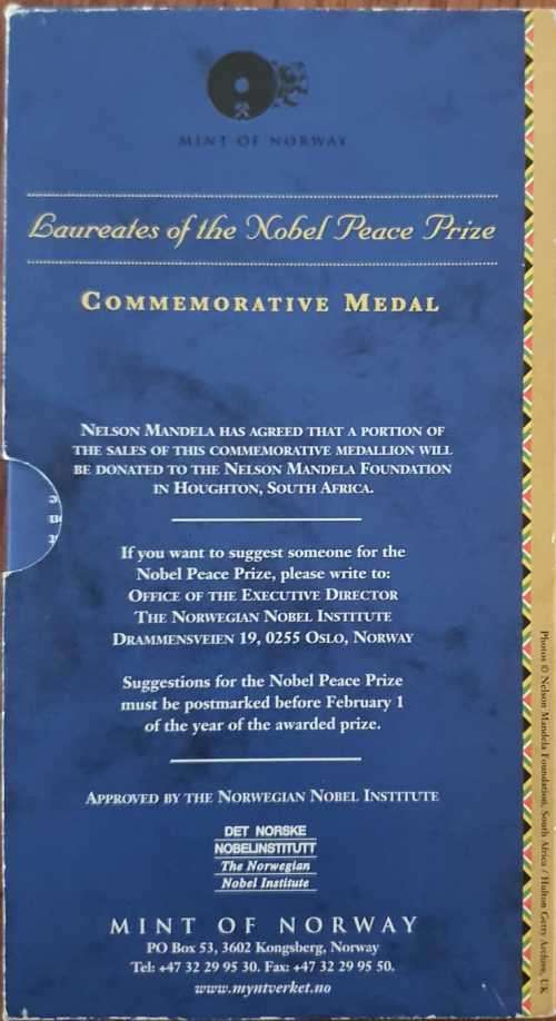 Nelson Mandela NOBEL PEACE LAUREATE 1993 COMMEMORATIVE MEDAL on Auction Now!!!