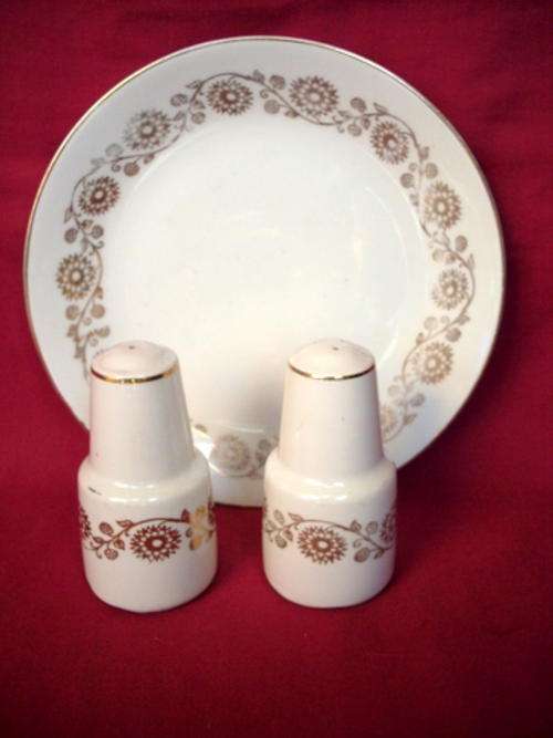 WHITE &GOLD COLOUR SIDE PLATE WITH APEPPER & SALT SHAKERPLATE SIZE 17CM