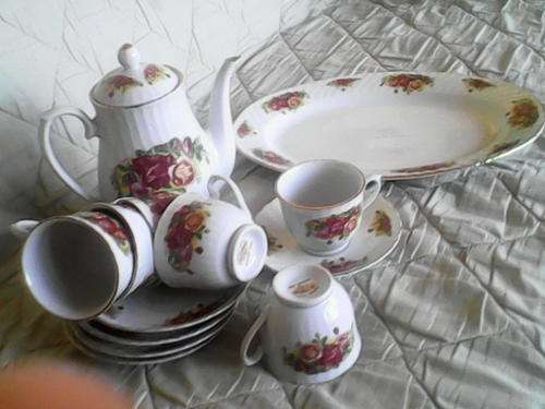 ROSE CHINA CUP, SAUCERS AND TEAPOT