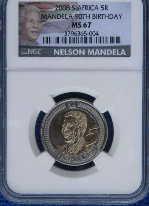 2008 NELSON MANDELA 90TH BIRTHDAY R5  NGC GRADED MS 67  SCARCE HIGH GRADE!!!  GREAT INVESTMENT COIN!