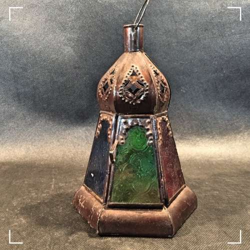 Moroccan Style Tin Lantern with Stained Glass Inserts (180mm Tall)