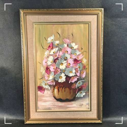Framed Cosmos Still Life, oil on board by Allen (500mm x 300mm)