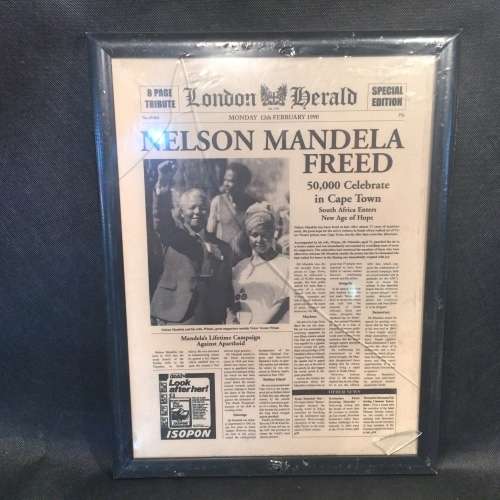Framed 1990 Nelson Mandela Freed London Herald - (Glass needs replacement)