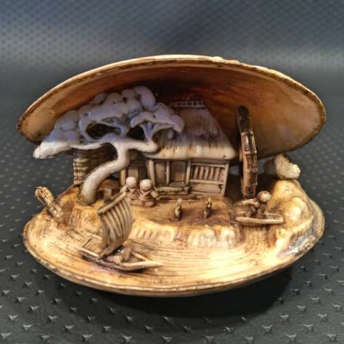 Vintage Japanese Celluloid Clam Shell Diorama Water Mill Scene
