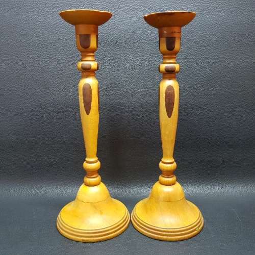 Two Large Hand Crafted Yellow Wood Candle Stands
