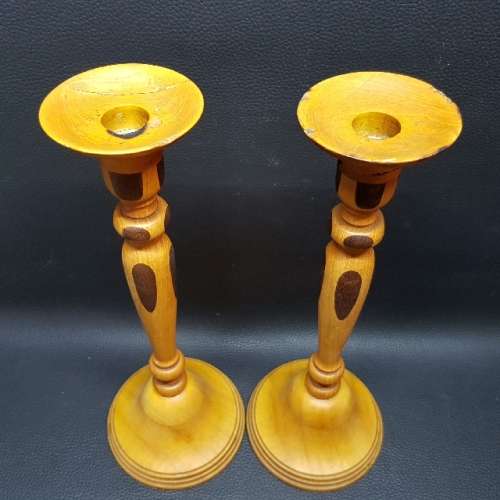 Two Large Hand Crafted Yellow Wood Candle Stands