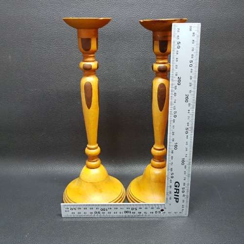Two Large Hand Crafted Yellow Wood Candle Stands