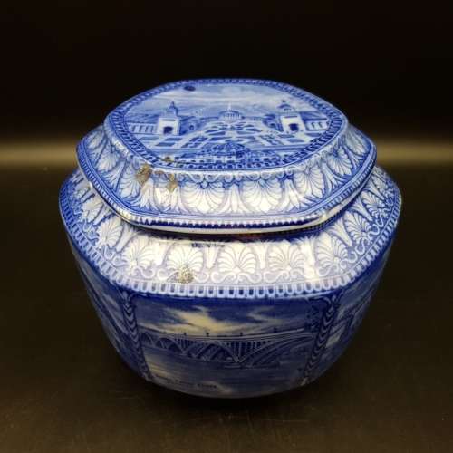 Vintage Blue and White Construction Themed Bowl and Lid!!!