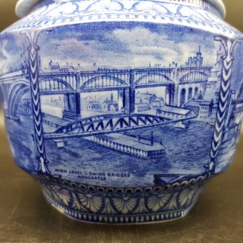 Vintage Blue and White Construction Themed Bowl and Lid!!!