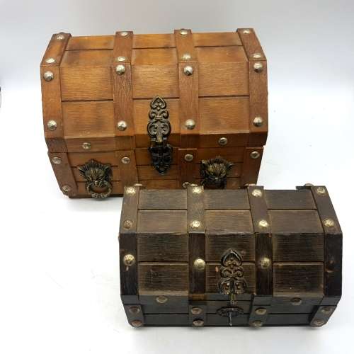 Two Vintage Hand Crafted Wood Treasure Chest Styled Jewellery Boxes!!! (Bid for Both)
