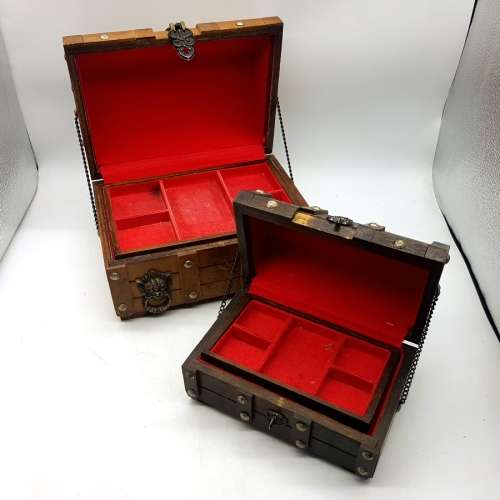 Two Vintage Hand Crafted Wood Treasure Chest Styled Jewellery Boxes!!! (Bid for Both)