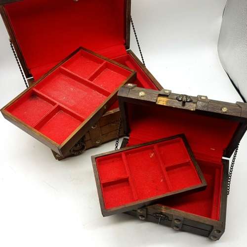 Two Vintage Hand Crafted Wood Treasure Chest Styled Jewellery Boxes!!! (Bid for Both)