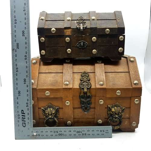 Two Vintage Hand Crafted Wood Treasure Chest Styled Jewellery Boxes!!! (Bid for Both)