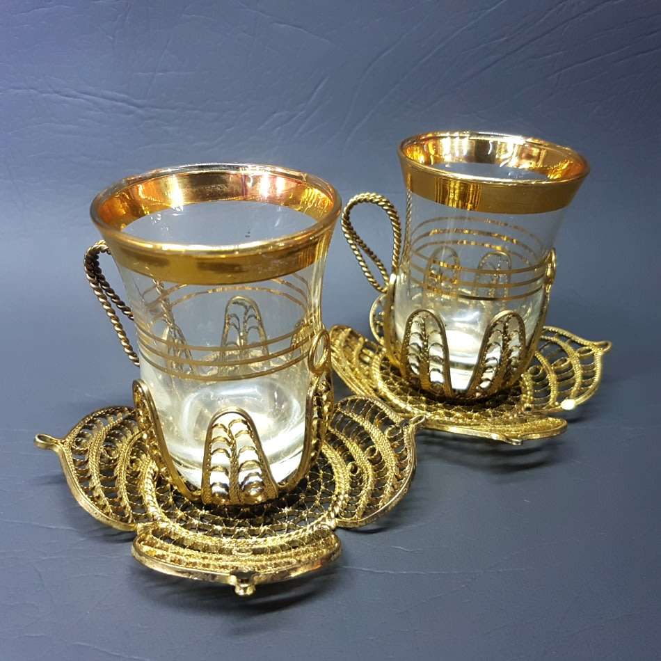 RARE!!! Vintage Brass and Gold Rimmed Filigree Cups and Saucers (Bid for Both)