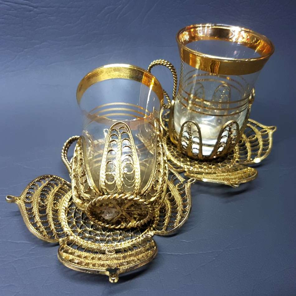 RARE!!! Vintage Brass and Gold Rimmed Filigree Cups and Saucers (Bid for Both)