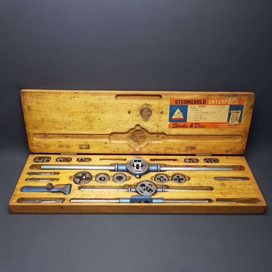 RARE!!!! LARGE Vintage Wood Boxed Stronghold Enterprise Stocks and Dies Box!!!