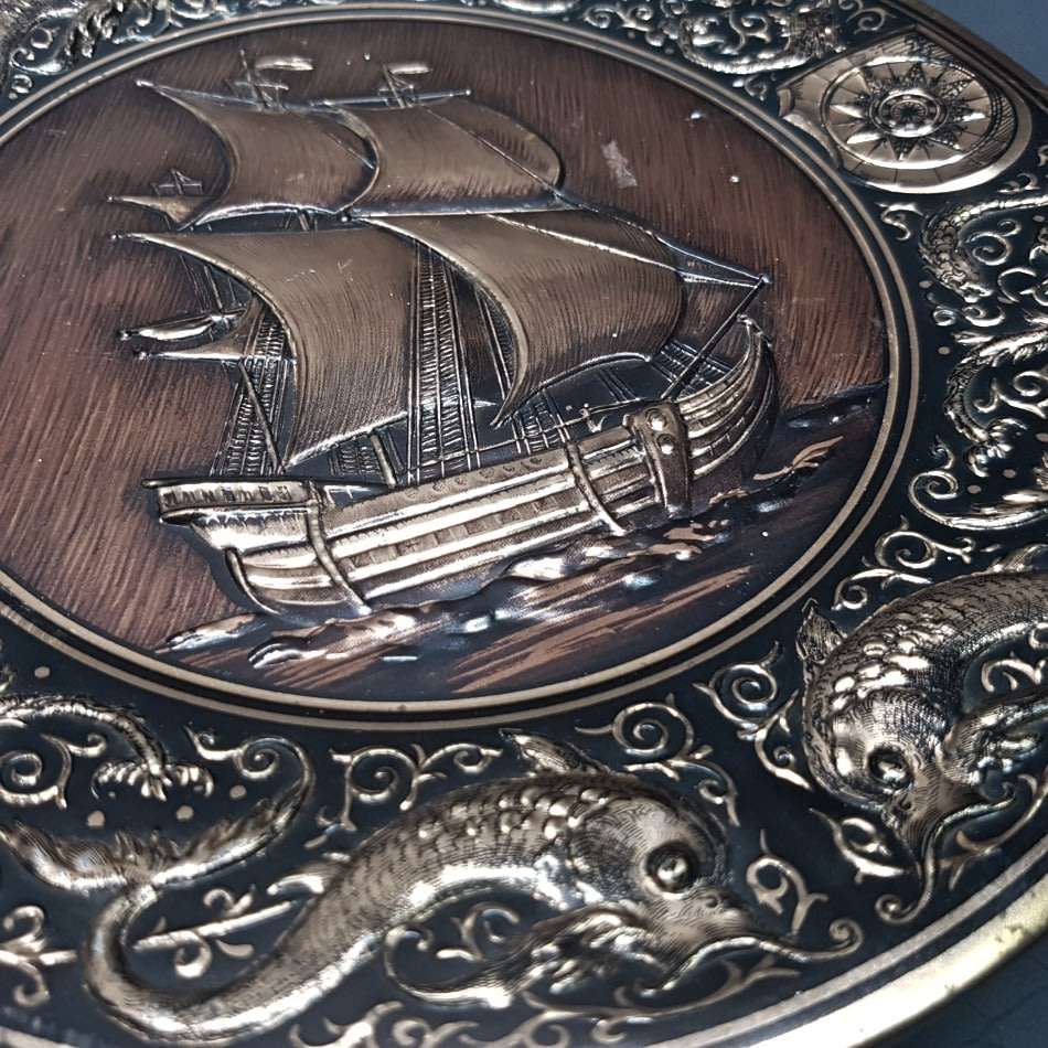 Highly Decorative Vintage Embossed Nautical Themed Footed Biscuit Tin!!!!