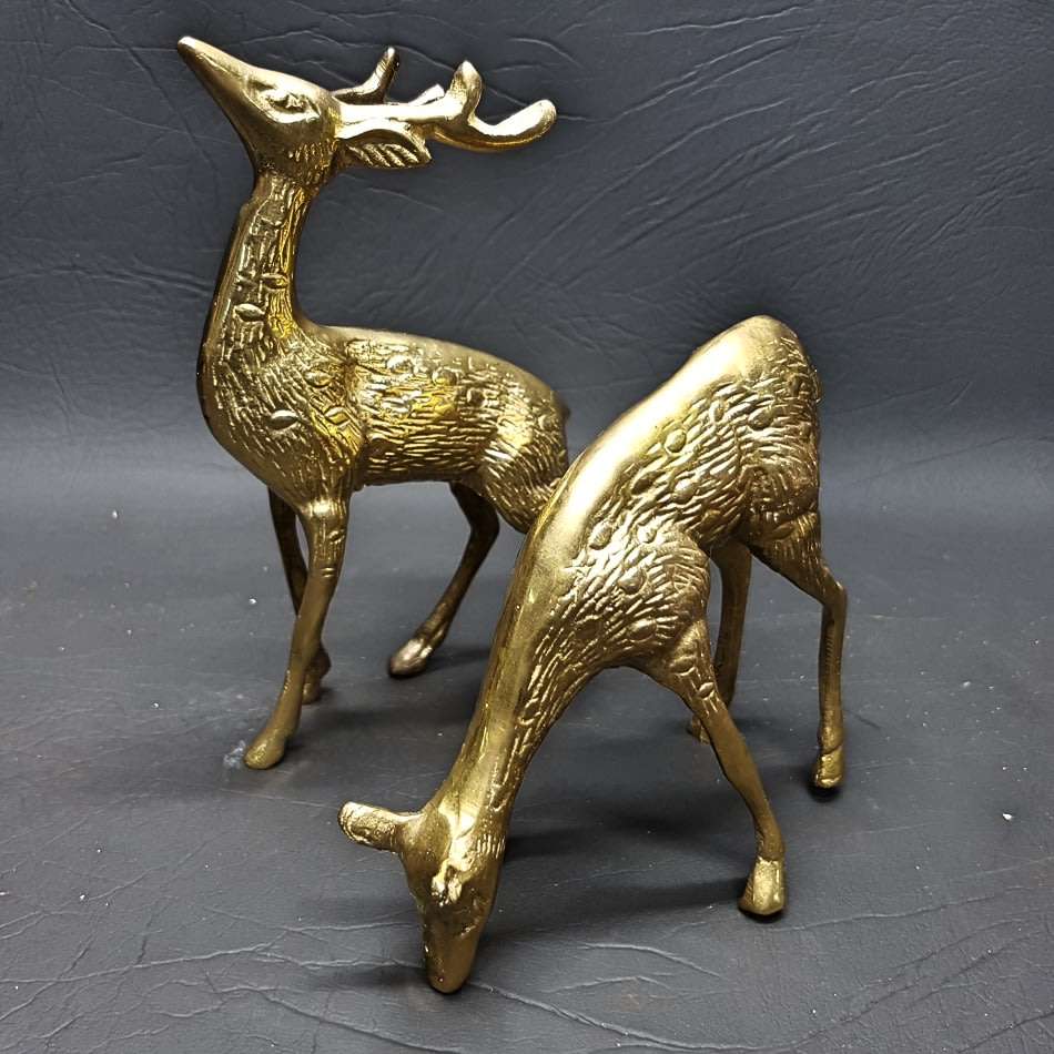 Two Detailed Solid Brass Ornamental Stag and Deer Figures (Bid for Both)