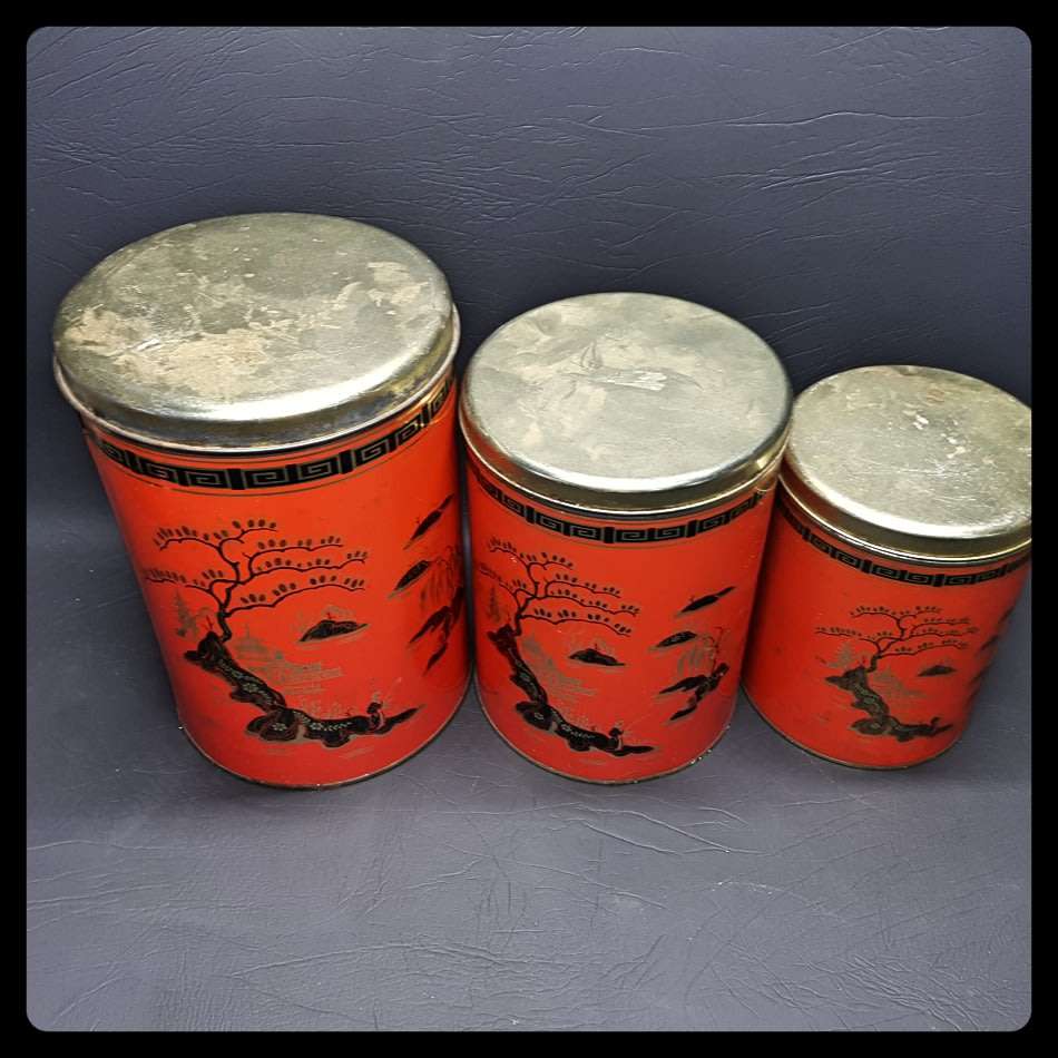 Vintage Oriental Themed Trio - Lithographed Kitchen Tins!!! (Bid for All)