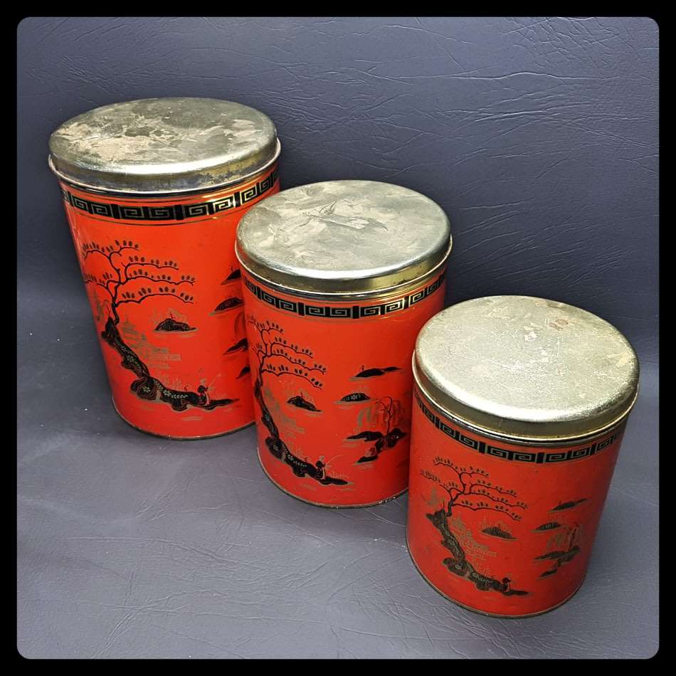 Vintage Oriental Themed Trio - Lithographed Kitchen Tins!!! (Bid for All)