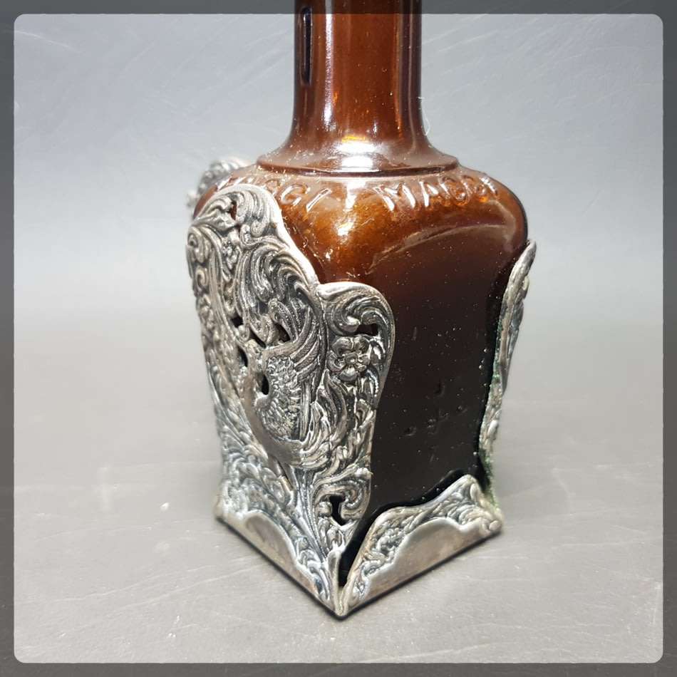 RARE!!! Vintage Highly Decorative Silver Plate Bottle Holder With Original Auburn Bottle!!!