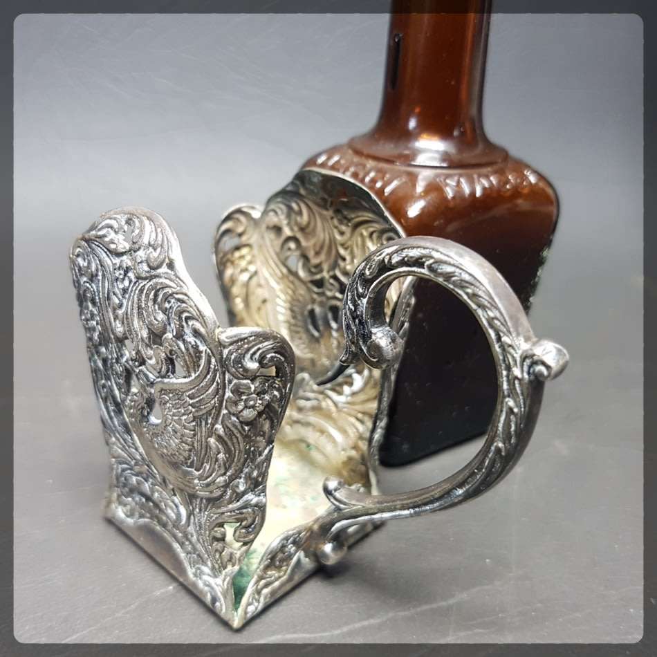 RARE!!! Vintage Highly Decorative Silver Plate Bottle Holder With Original Auburn Bottle!!!